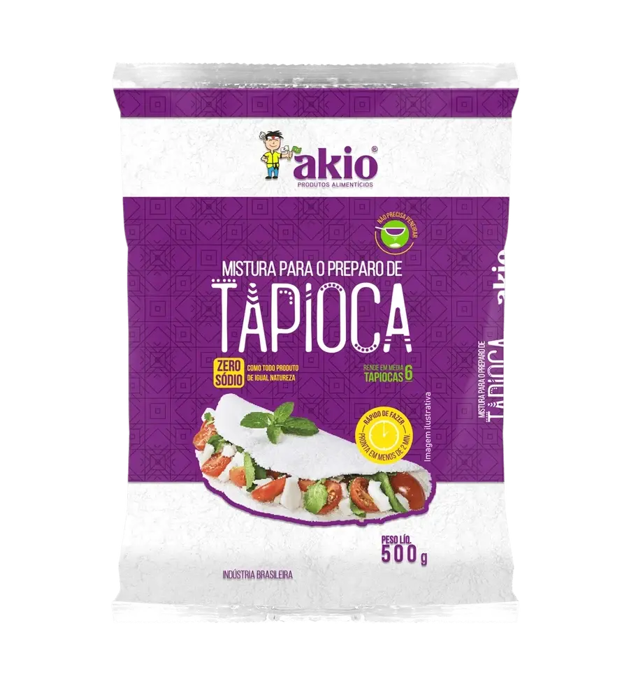Pacote de 500 gramas de mistura para o preparo de tapioca da marca Akio